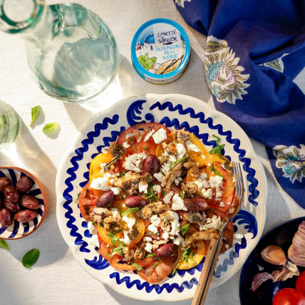 Sardinevlokken Aubergines, knoflook en basilicum